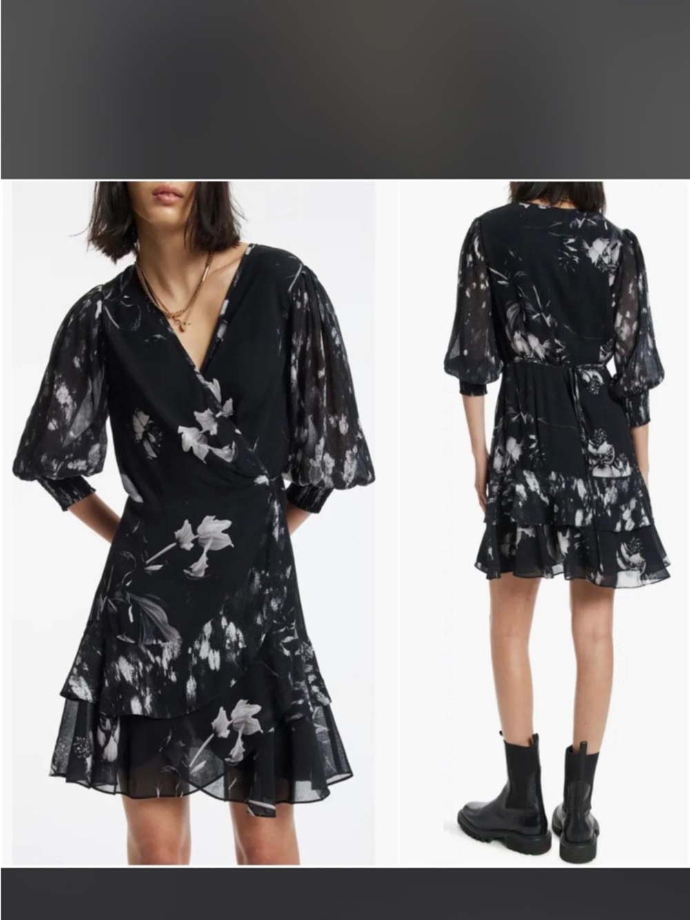 AllSaints Black and White Floral Faux Wrap Mini Dress - Picture 8 of 8
